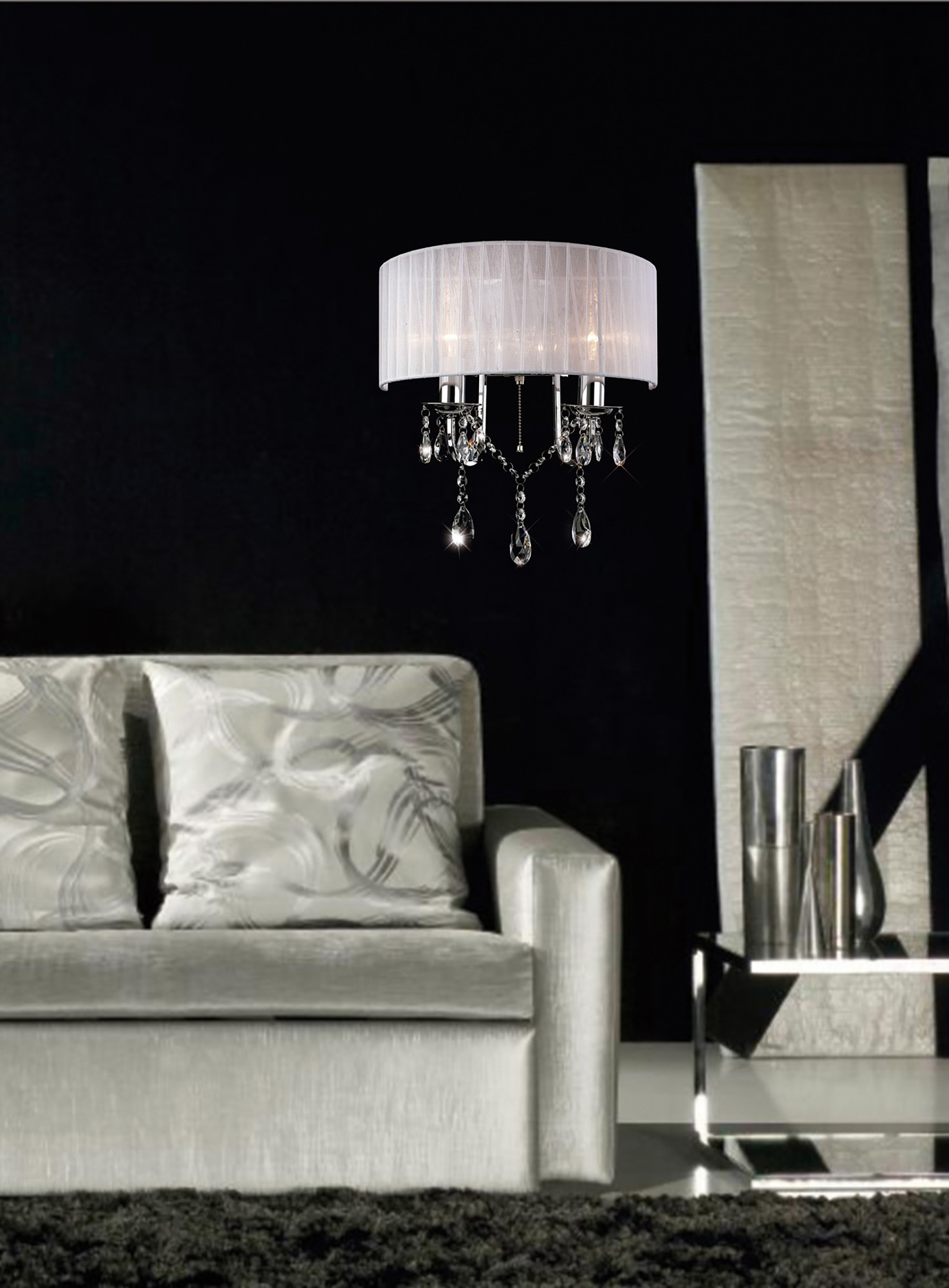 Olivia Polished Chrome-White Crystal Wall Lights Diyas Shaded Wall Lights